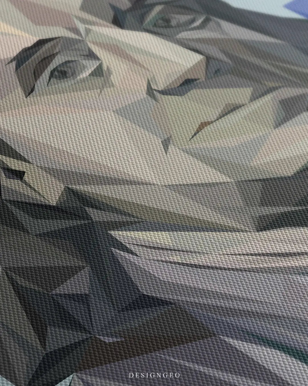 Close-up of modern motivational wall art featuring a colorful geometric polygon portrait of Benjamin Franklin with complex shapes and patterns