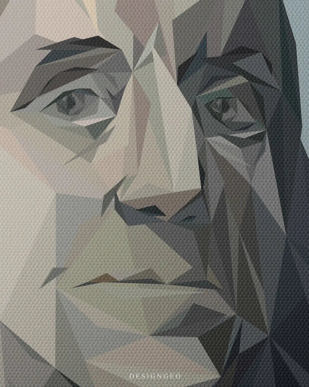 Full canvas illustration of Benjamin Franklin in a vibrant modern geometric art style, symbolizing innovation, wisdom, and statesmanship