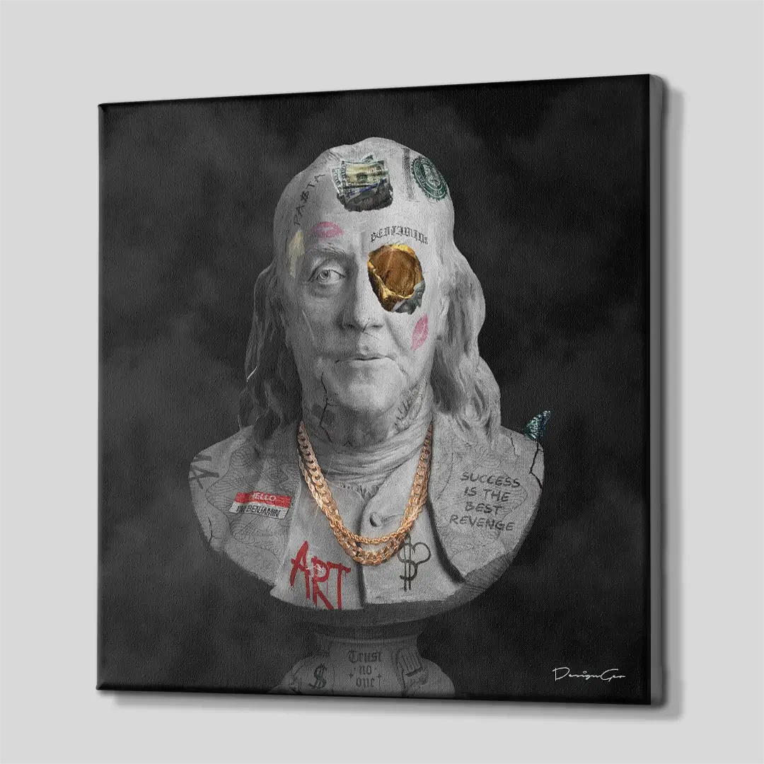 Side angle of the Benjamin Franklin pop art canvas print, highlighting the high-quality gallery wrap finish and the 3D depth of the wooden frame