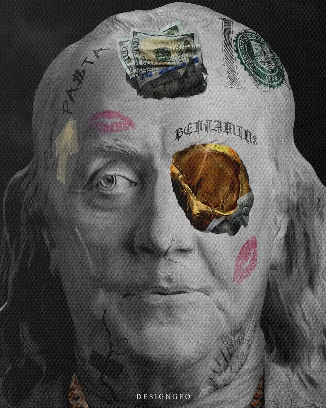 Modern pop art illustration of a Benjamin Franklin bust on canvas, featuring a hundred-dollar bill aesthetic and money symbols on a solid background