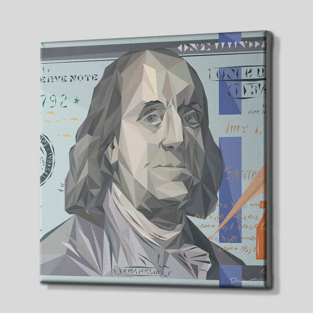 Side angle of the modern Ben Franklin geometric canvas print, highlighting the high-quality gallery wrap finish and the professional 3D frame depth