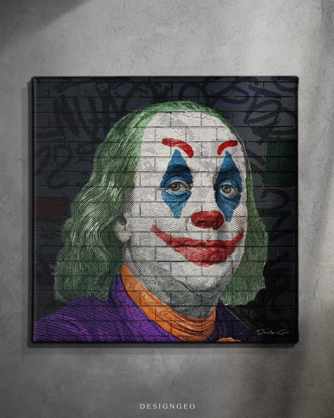 Close-up of modern money pop art featuring Benjamin Franklin with colorful clown makeup and urban graffiti tags on a minimalist grey background