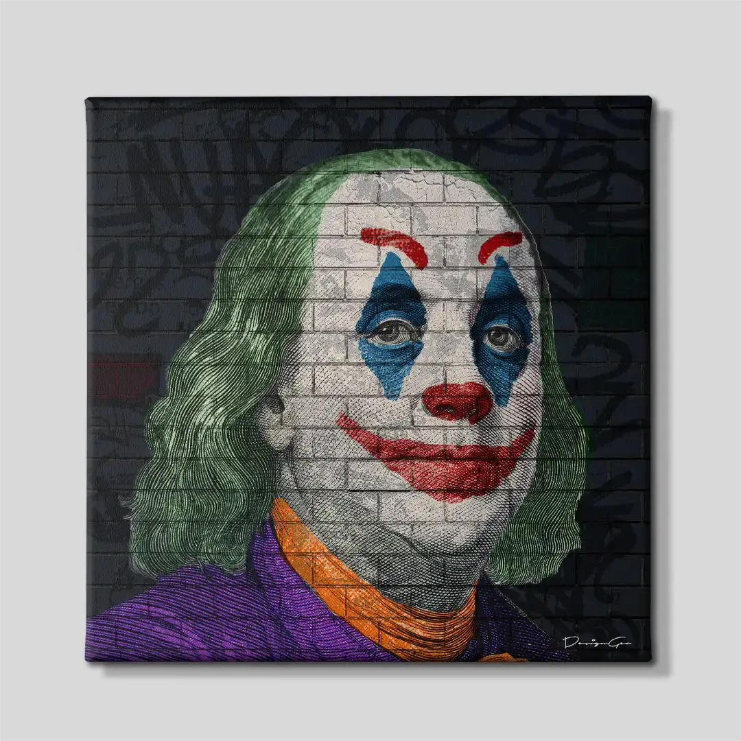 Front view of the Benjamin Franklin clown square canvas wall art, a premium decorative piece for modern executive offices, creative workspaces, or edgy home decor