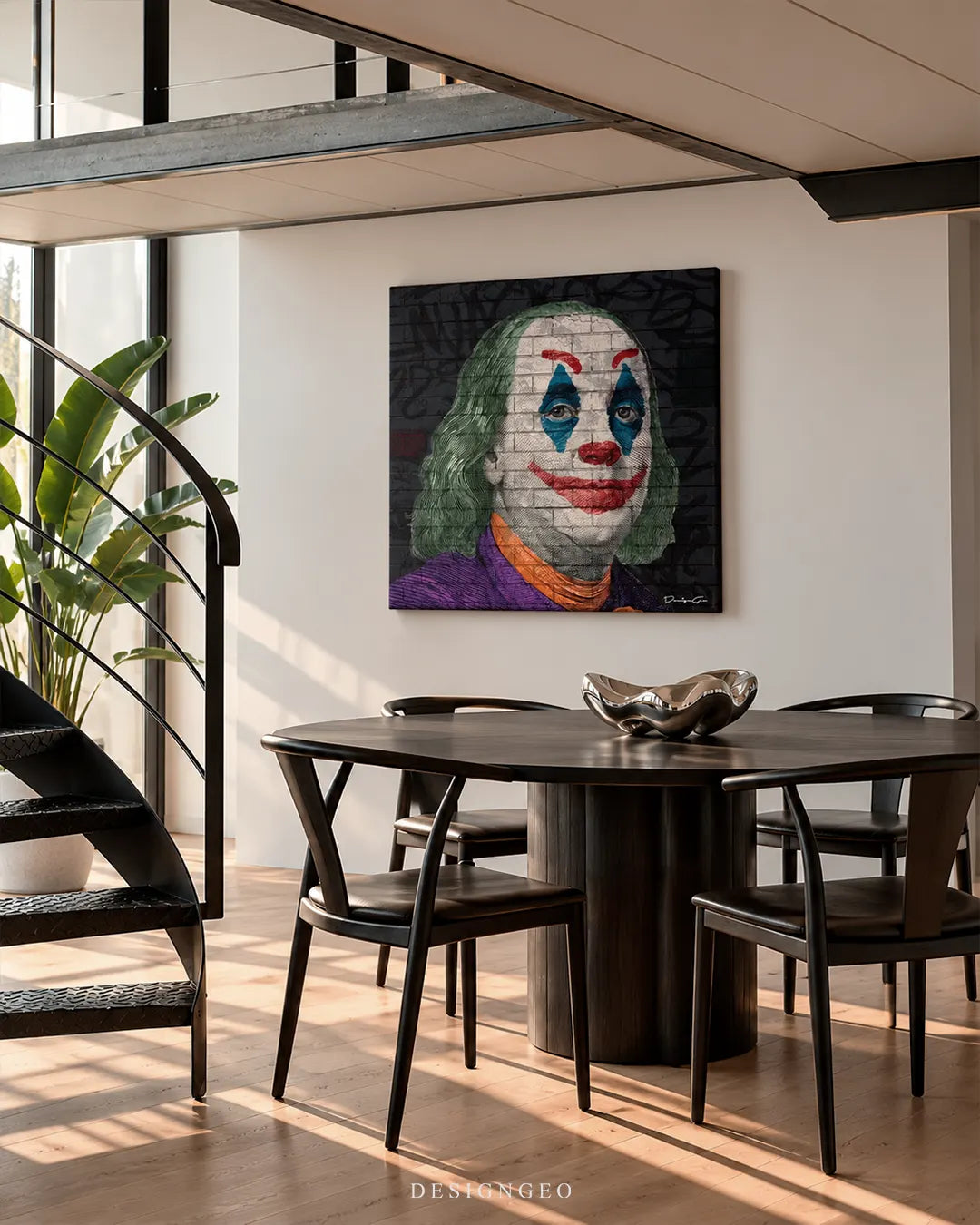 The Great Joke Joker Benjamin Franklin brick wall graffiti square canvas wall art mounted on white wall in modern dining room above round black wooden table 0.75 inch thin wrap