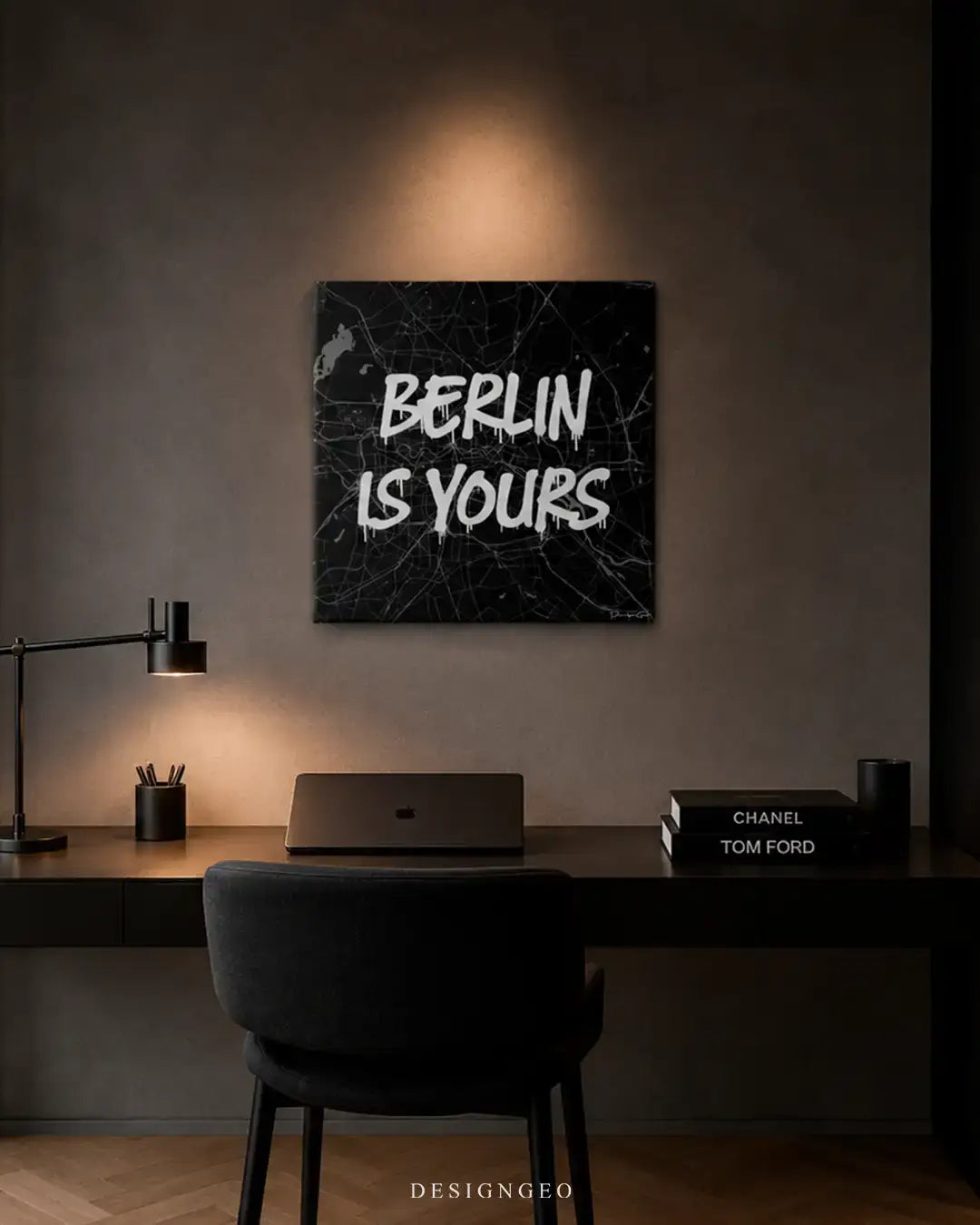 Modern home office interior displaying the Berlin map square canvas wall art above a table, creating a sophisticated industrial and metropolitan atmosphere for home offices or livings