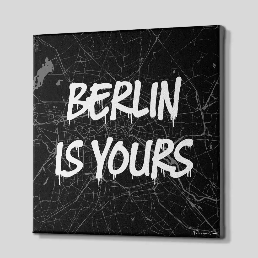 Side perspective of the Berlin urban map motivation canvas print, highlighting the high-quality gallery wrap finish and the solid 3D frame depth for luxury interior styling