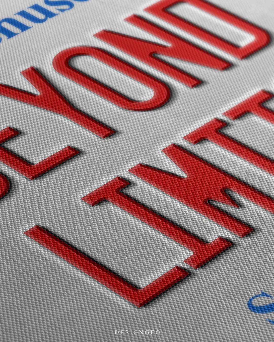 Angled close-up detail shot highlighting the 3D red embossed BEYOND LIMITS letters, crisp edges, subtle drop shadows, and fine woven canvas fabric texture
