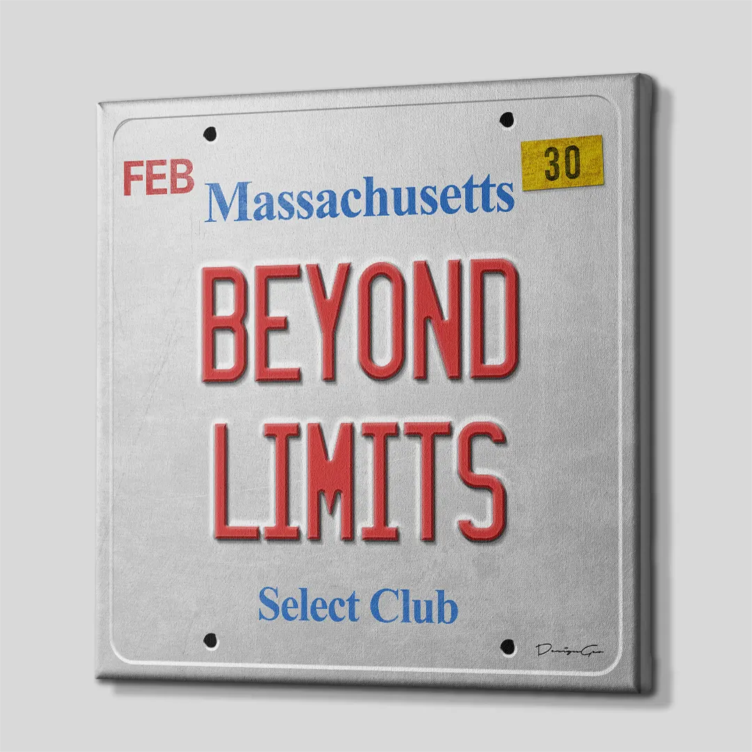 Three-quarter side angle of the Massachusetts license plate motivational canvas wall art showing gallery-wrapped white edges mounted on a solid wooden frame