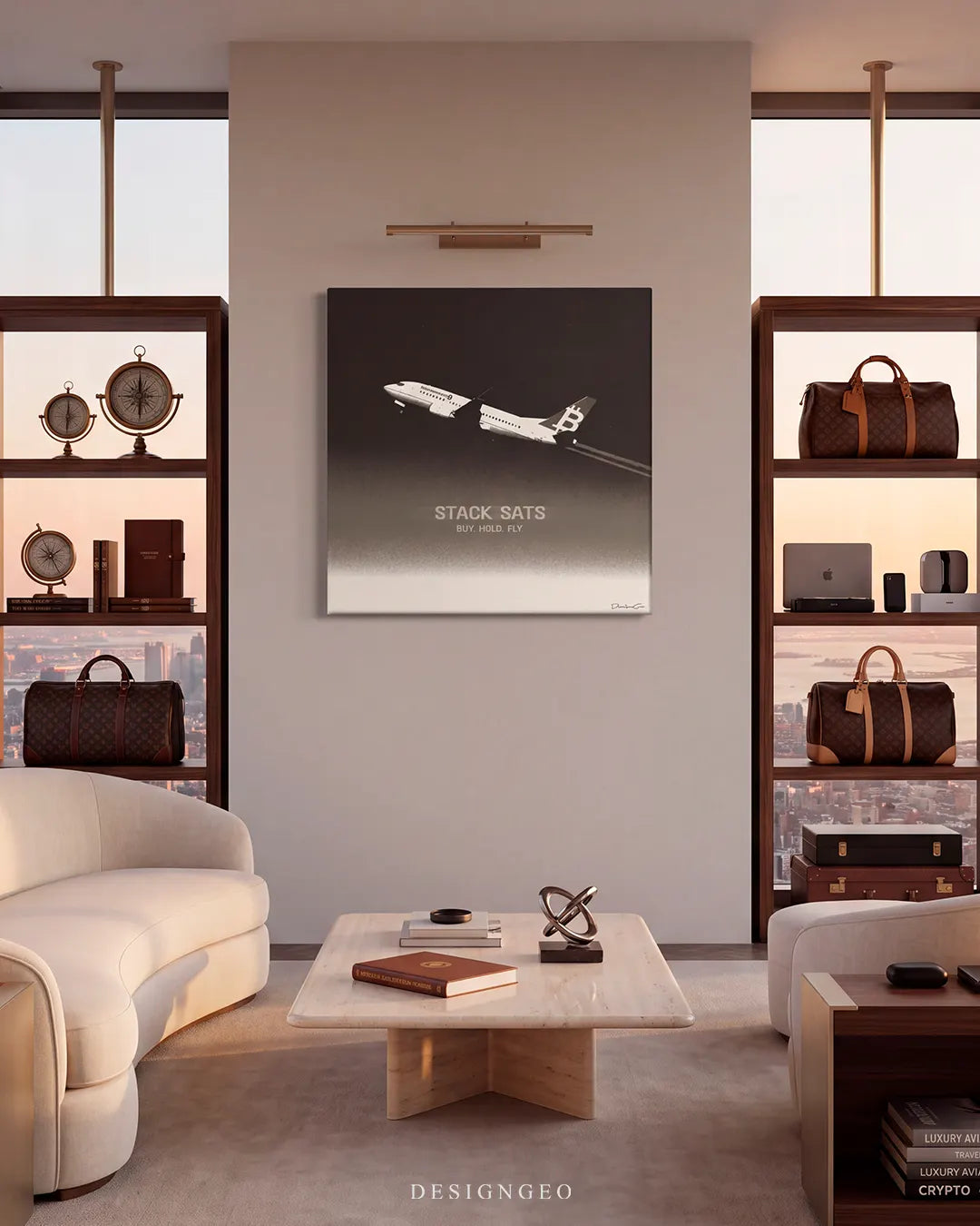 Modern luxury office interior featuring the square Bitcoin Airways canvas print mounted on a wall above a beige sofa and marble table, framed between wooden shelving units