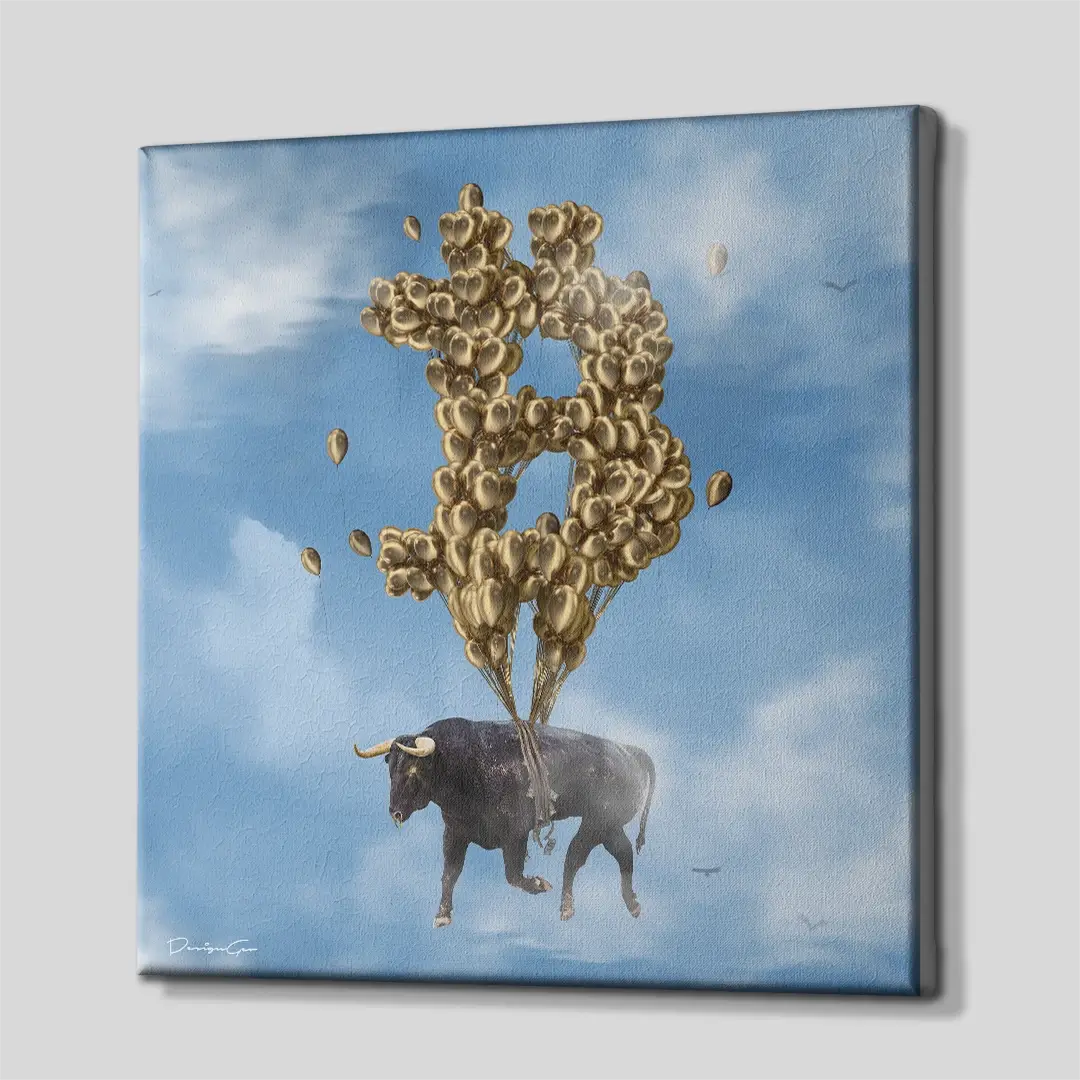 Side angle of the flying bull Bitcoin balloons canvas print, highlighting the high-quality gallery wrap finish and the professional 3D frame depth