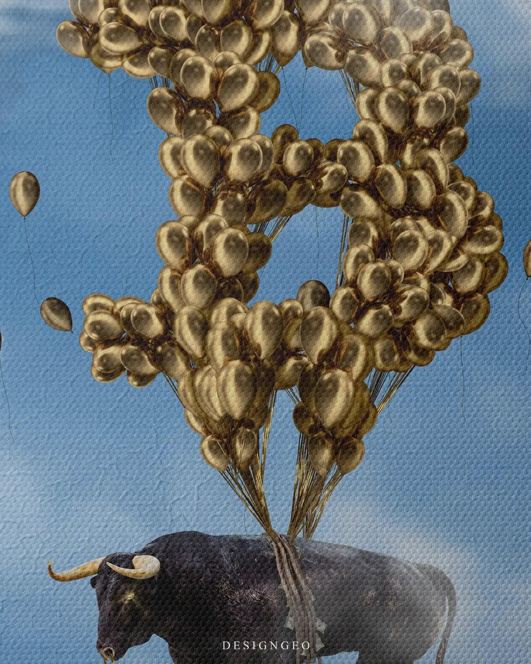 Artistic canvas illustration of a flying bull lifted by Bitcoin-shaped balloons, symbolizing the upward momentum and growth of the cryptocurrency market