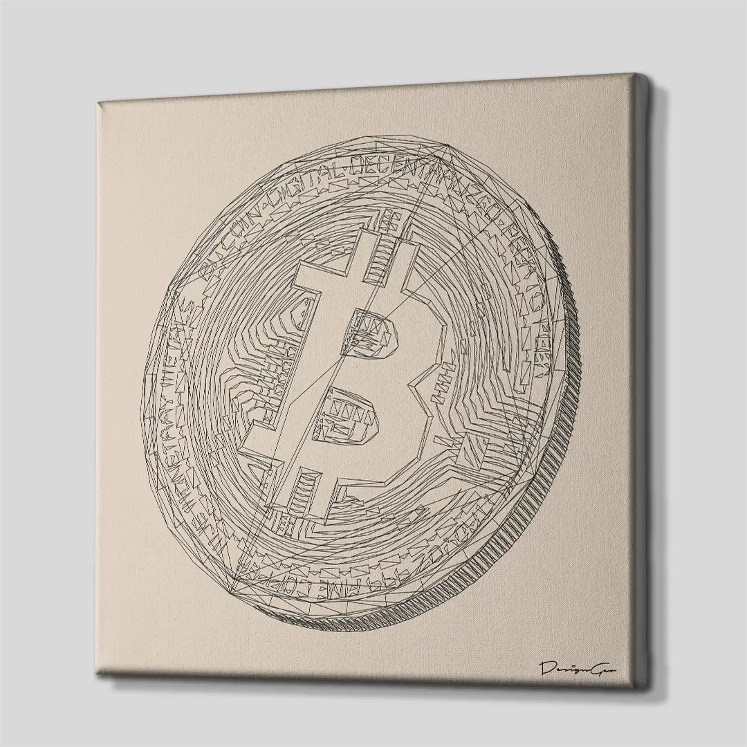 Side angle of the black line Bitcoin coin canvas print, highlighting the high-quality gallery wrap finish and the professional 3D depth of the wooden frame