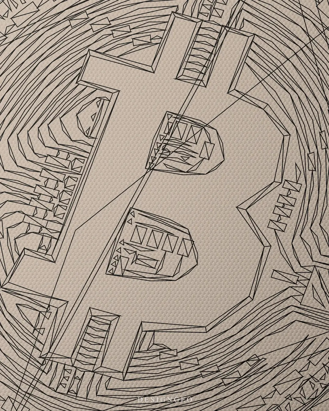 Artistic canvas illustration of a Bitcoin coin drawn with precise black geometric lines, symbolizing digital wealth and innovation in a modern minimalist style