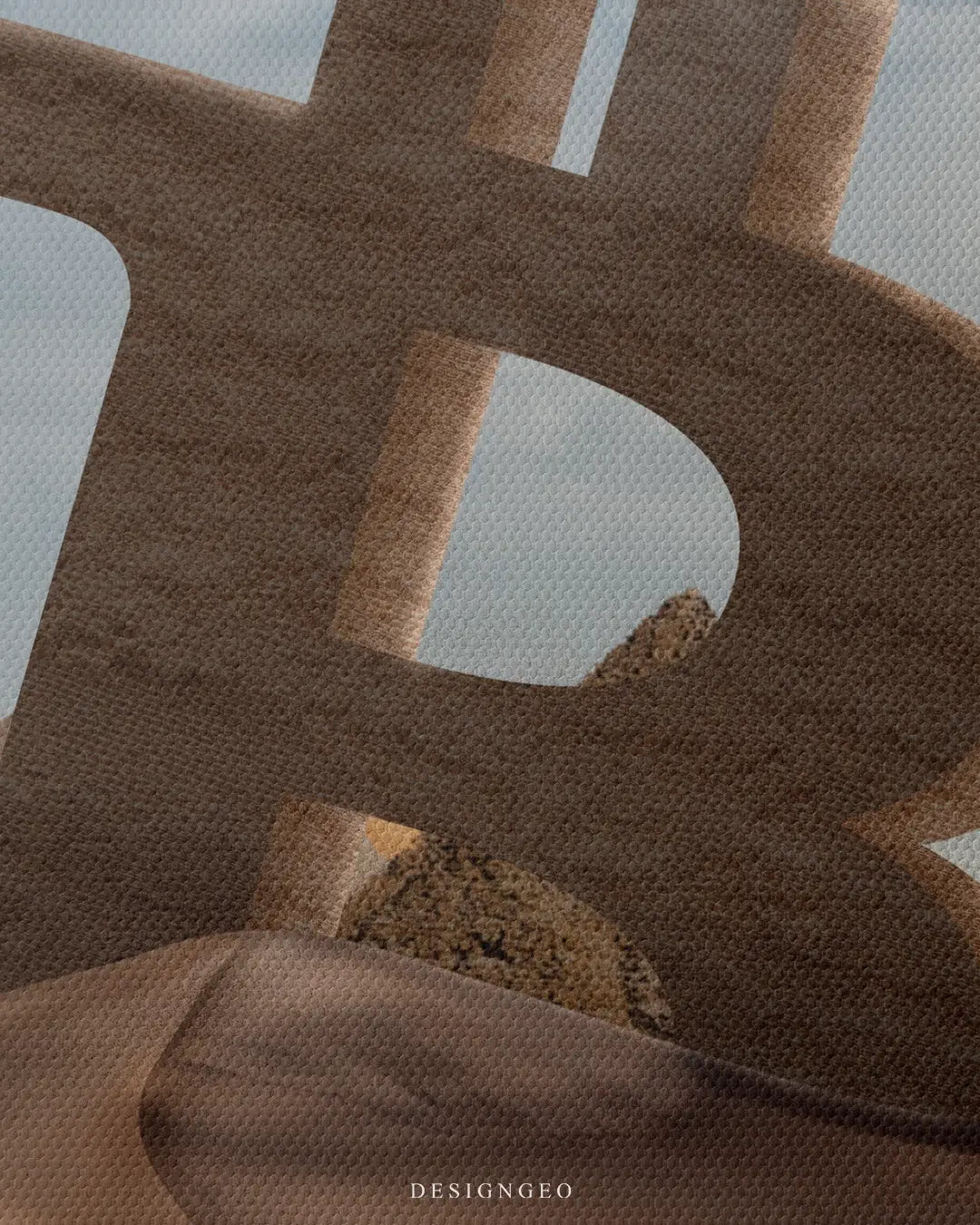 Detailed view of the "Satoshi's Oasis" art, showcasing the clean aesthetic lines of the Bitcoin logo against the warm neutral tones of a vast desert horizon