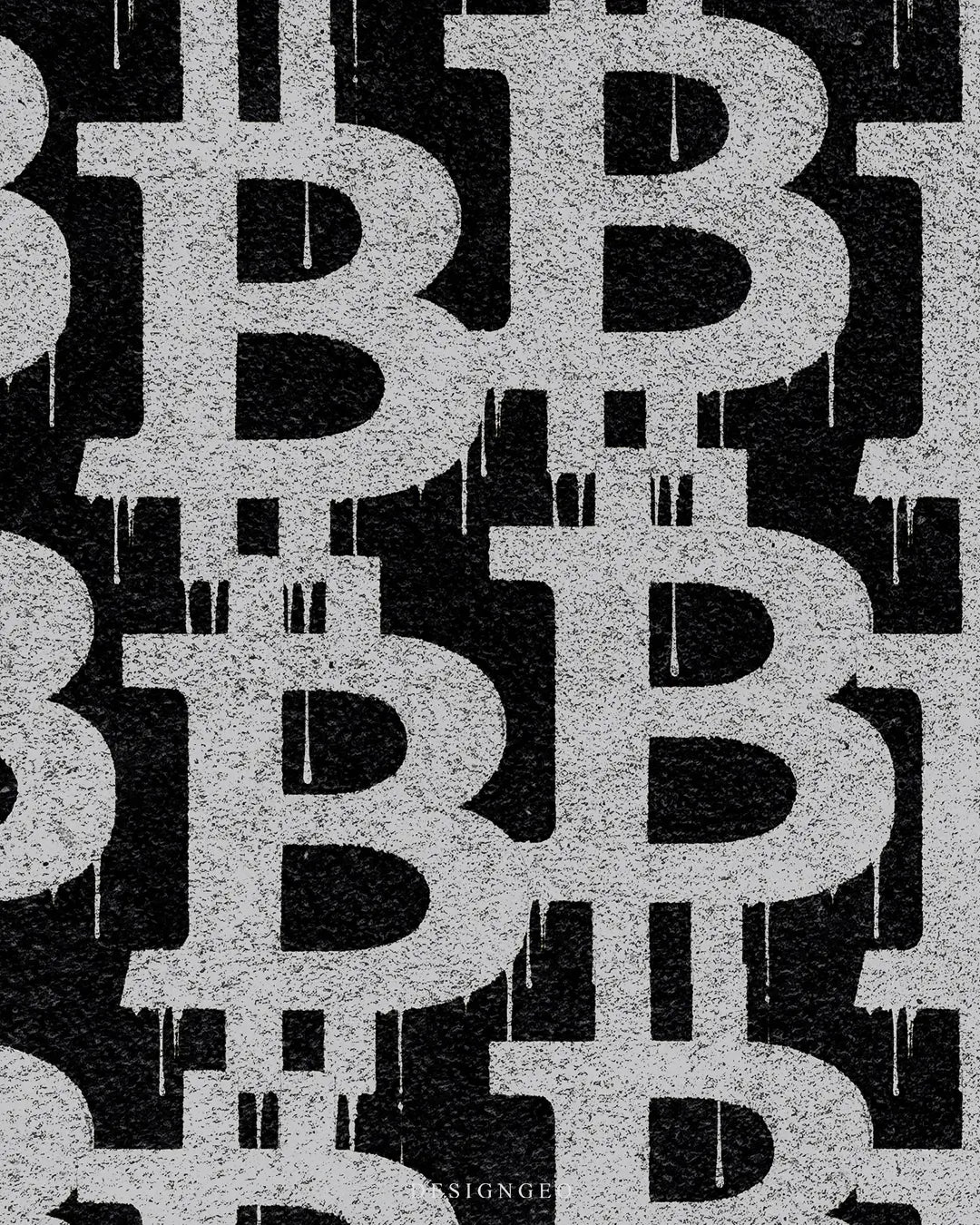 Detailed frontal shot of a Bitcoin "B" logo designed as street art graffiti in white ink on a solid black background, printed on professional canvas
