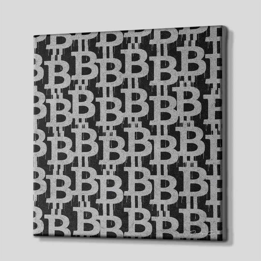 Side perspective of a square Bitcoin graffiti canvas print, highlighting the seamless gallery-wrapped edges and the three-dimensional profile of the wooden frame