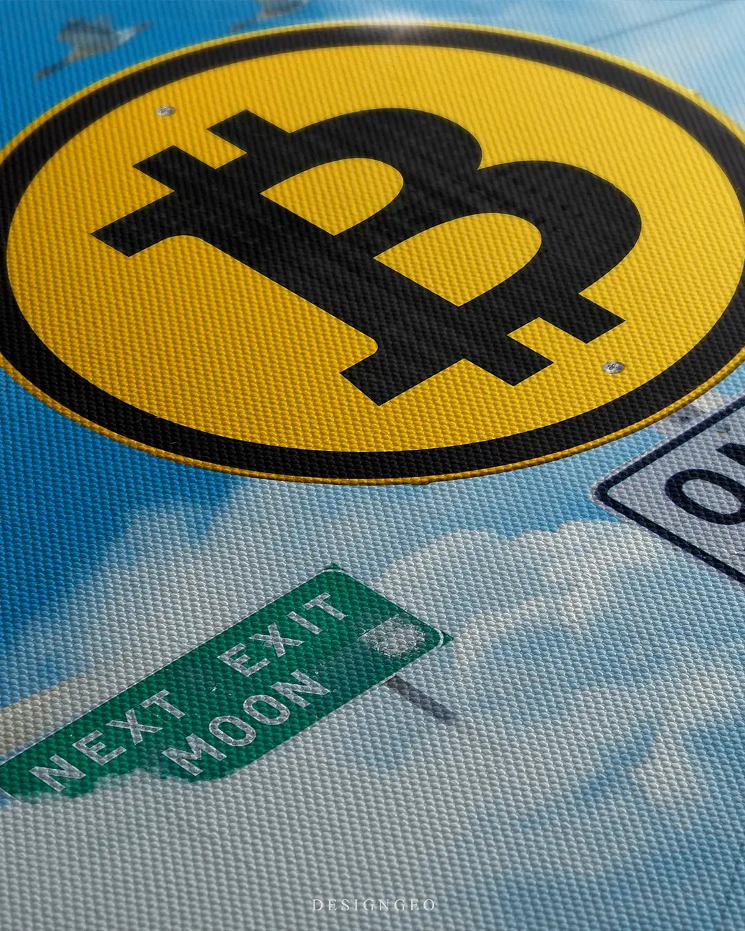 Close-up of Bitcoin road sign canvas art showing realistic weathered textures, metallic bolts, and the iconic yellow B symbol