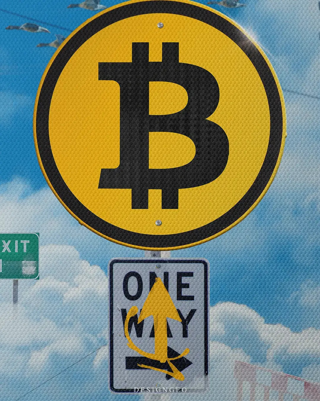 graffiti-style crypto wall art featuring a yellow "Hashway" road sign with the Bitcoin logo and a black directional arrow