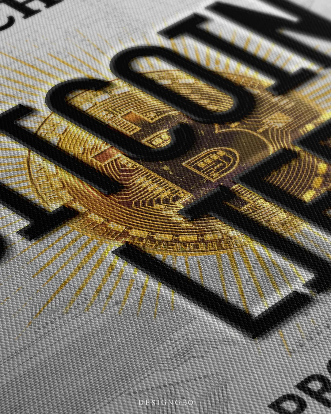 Angled close-up detail shot highlighting the 3D black embossed BITCOIN LIFE letters, golden sunburst rays around the coin, and fine woven canvas fabric texture