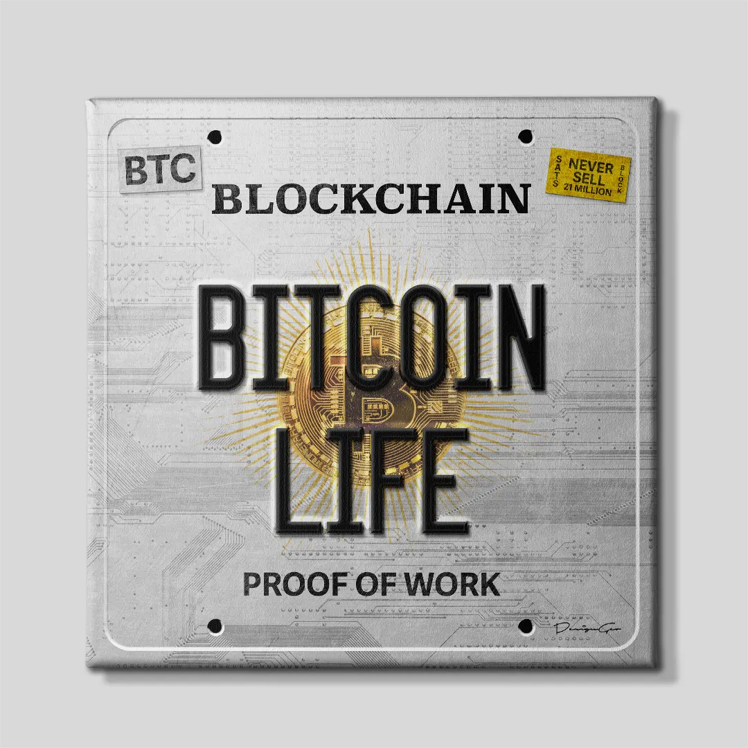 Front view of a square crypto canvas print styled as a silver license plate with circuit board pattern featuring black BITCOIN LIFE lettering and a central golden Bitcoin coin