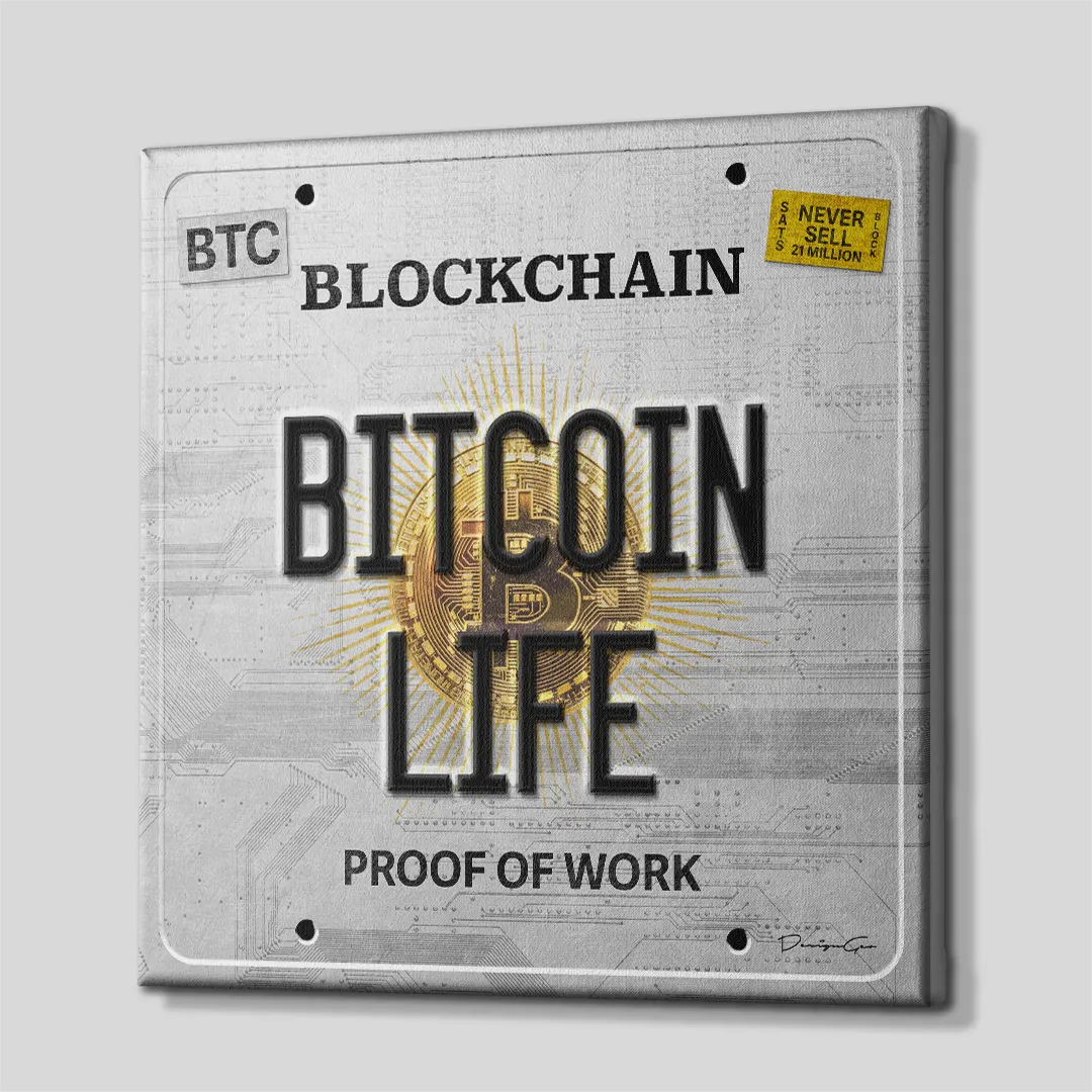 Three-quarter side angle of the Bitcoin license plate canvas wall art showing gallery-wrapped silver circuit board edges mounted on a solid wooden frame