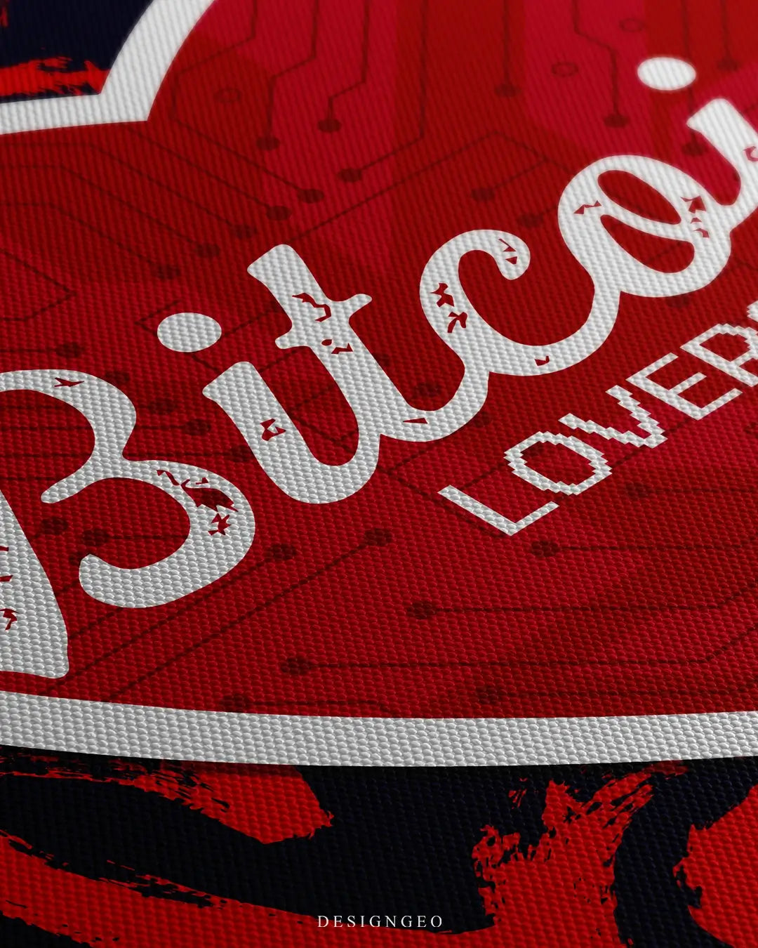 Close-up of a canvas wall art featuring a vibrant red heart and Bitcoin symbol, showing high-quality ink saturation and woven fabric texture