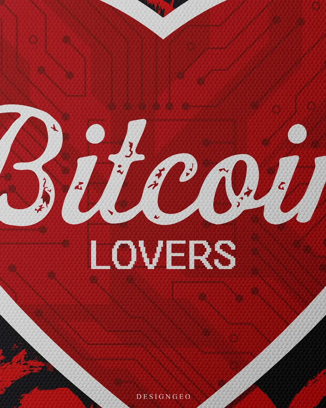 Detailed frontal shot of a heart-shaped design with the Bitcoin logo and the phrase BITCOIN LOVERS in bold white typography on professional canvas
