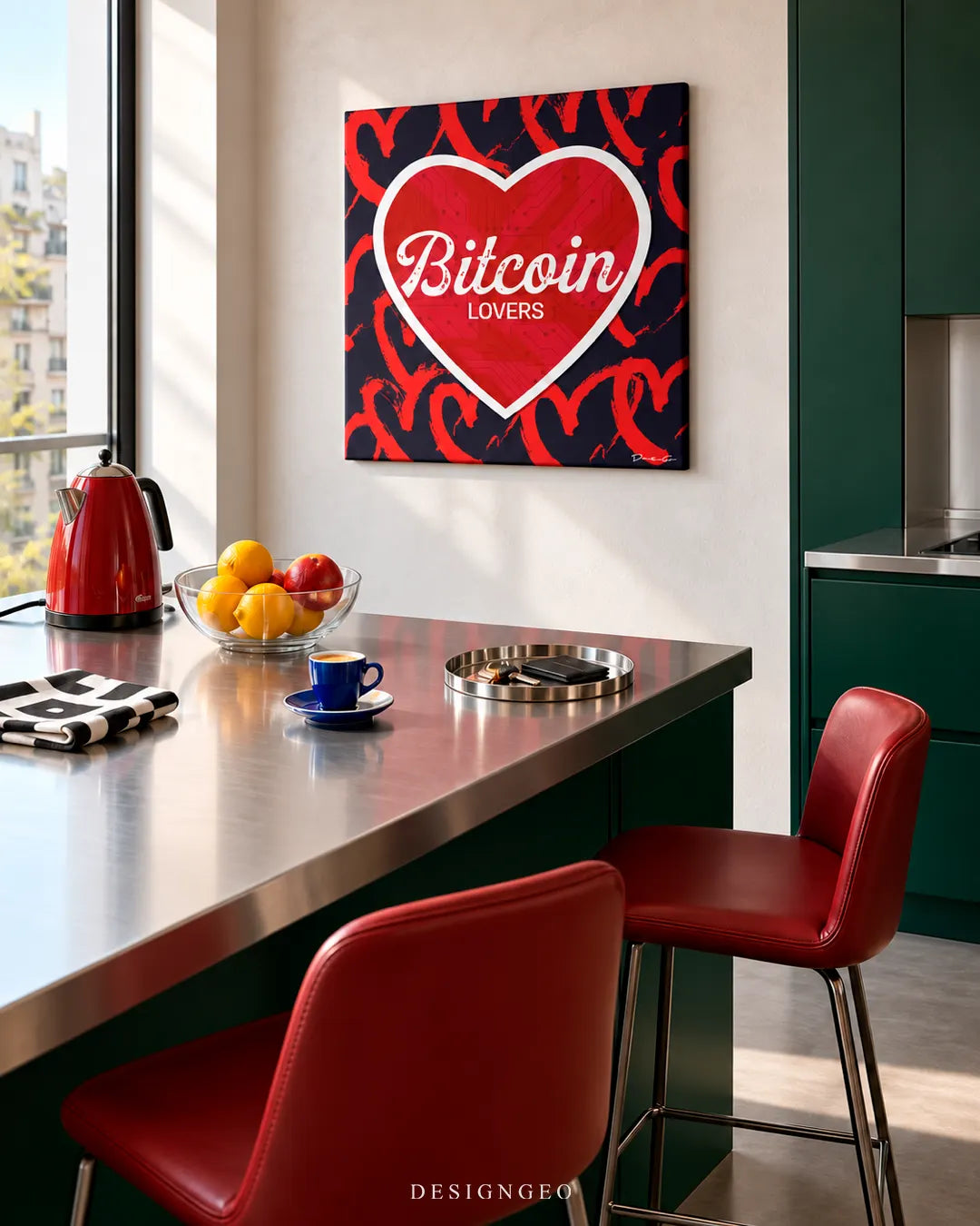 Modern luxury kitchen nook featuring a square canvas print of a large red heart with white Bitcoin LOVERS typography mounted above a stainless steel island with red leather stools