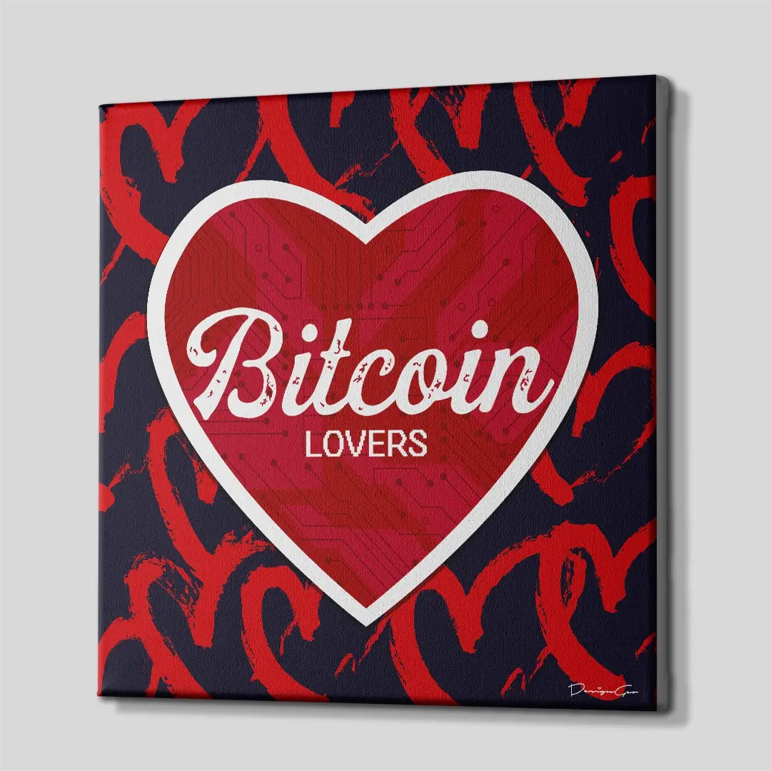 Side perspective of a square Bitcoin Lovers canvas print, showing the seamless gallery-wrapped edges and the three-dimensional profile of the frame