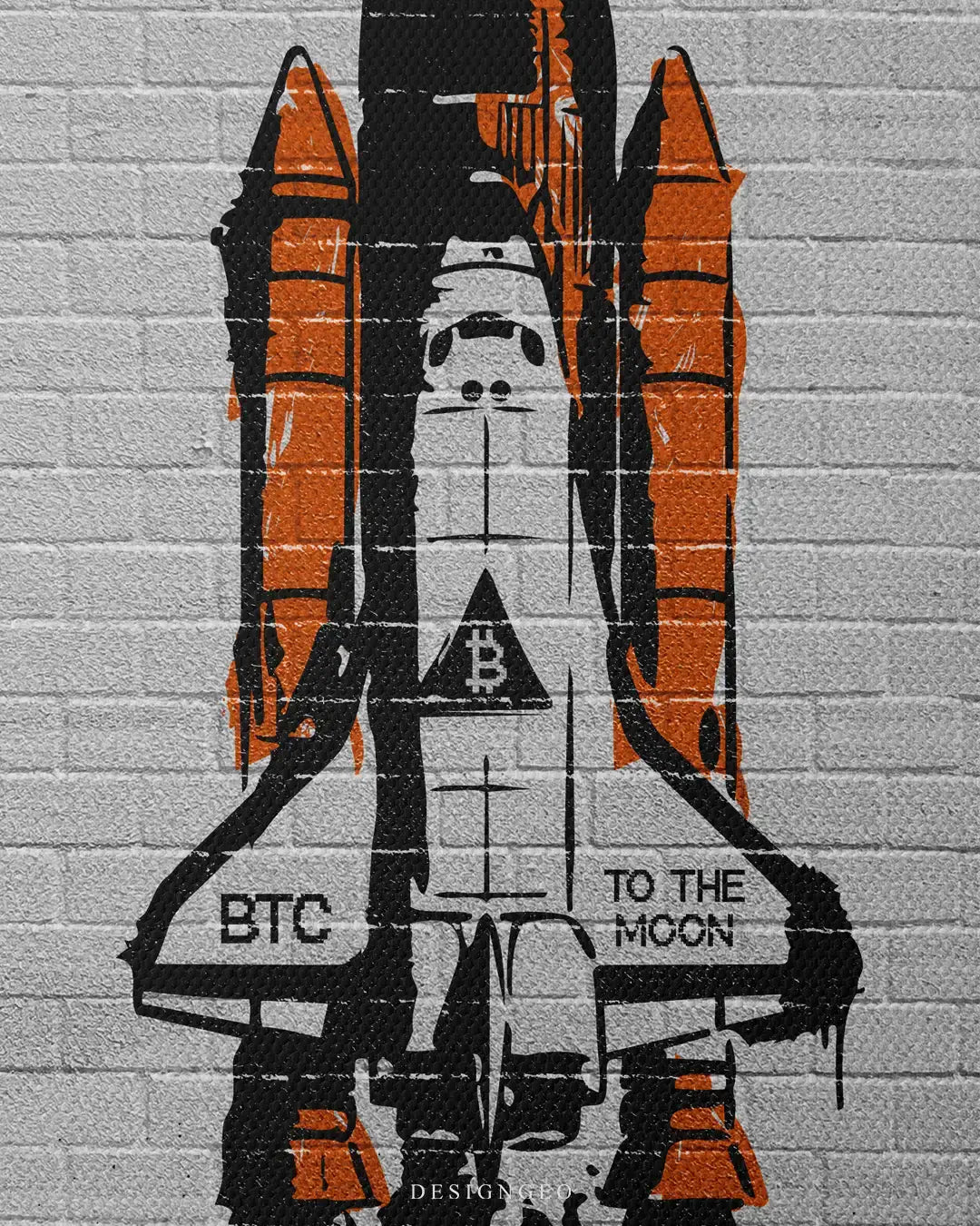 Detailed view of the "Bitcoin Lunar Mission" art, showcasing the colorful paint drips and street art textures of the BTC rocket against a contemporary canvas