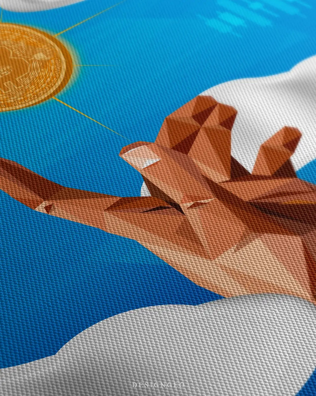 Close-up of modern crypto wall art featuring a human hand reaching out to touch a floating gold Bitcoin symbol with vibrant digital light effects