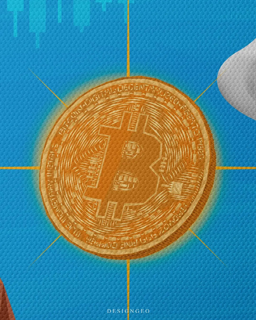 Artistic canvas illustration showing the moment of connection between a hand and a Bitcoin coin, symbolizing the future of digital finance and technology