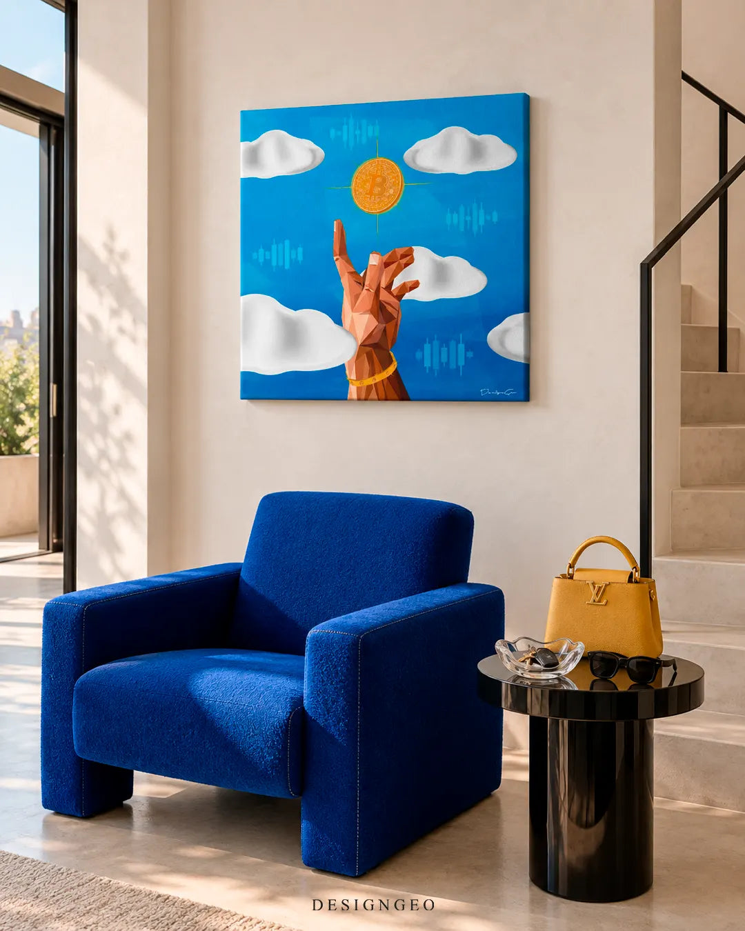 Modern luxury entrance hall featuring a square crypto canvas print of a low-poly hand reaching for a glowing Bitcoin coin mounted on a light wall above a blue armchair
