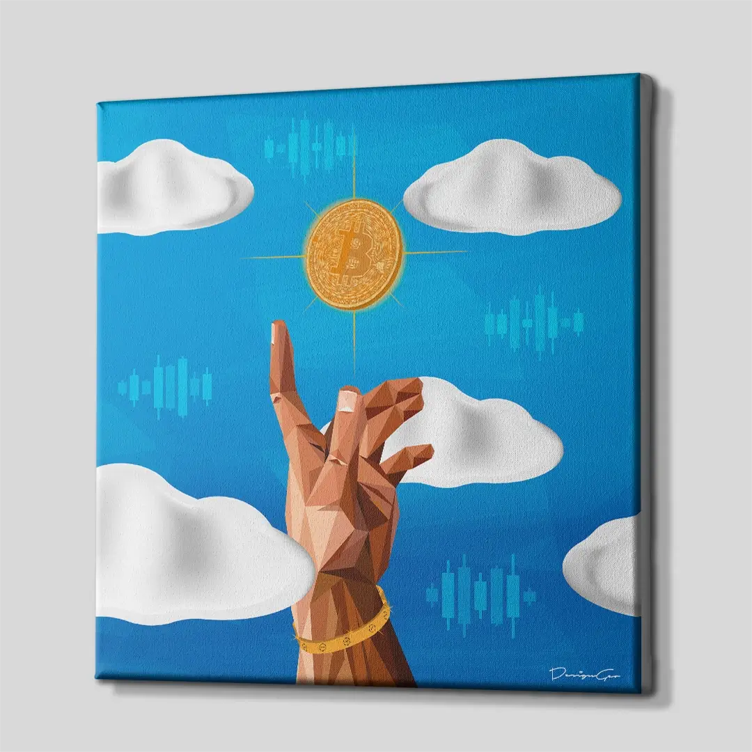 Side angle of the modern Bitcoin hand connection canvas print, highlighting the high-quality gallery wrap finish and the professional 3D frame depth