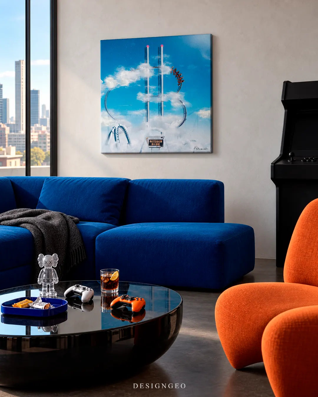 Modern luxury lounge room featuring a square crypto canvas print of a Bitcoin symbol-shaped roller coaster mounted above a plush royal blue sectional sofa