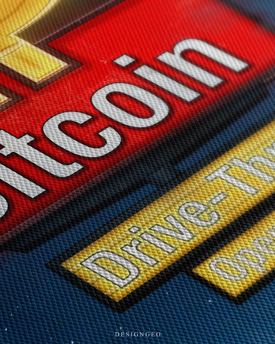 Close-up of modern cryptocurrency wall art featuring a glowing Bitcoin symbol with digital textures on a deep dark blue background