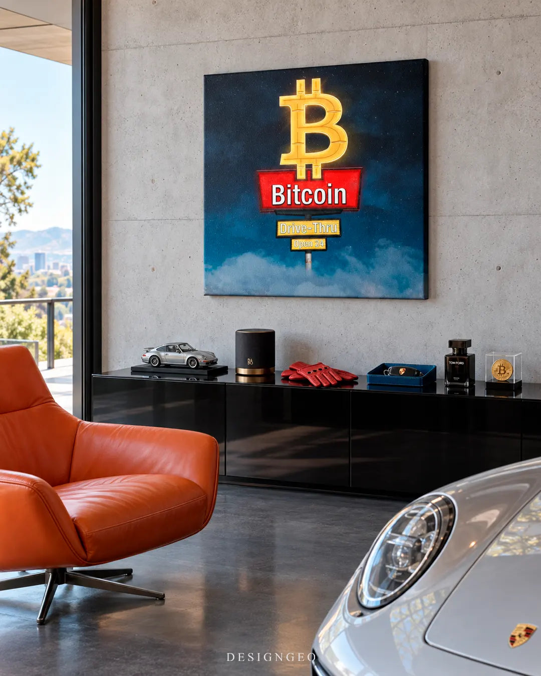 Modern luxury garage lounge featuring a square crypto canvas print of a glowing yellow Bitcoin neon drive-thru sign mounted on a concrete wall above a black credenza