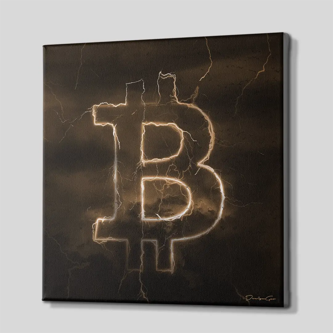 Side angle of the yellow Bitcoin lightning bolt canvas print, highlighting the high-quality gallery wrap finish and the professional 3D frame depth