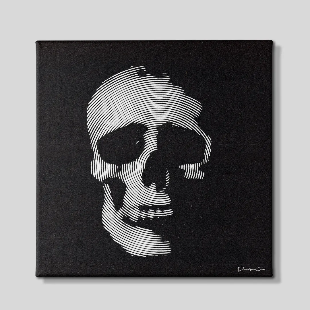 Front view of a square canvas print featuring a black and white human skull made of concentric white halftone lines on a solid black background