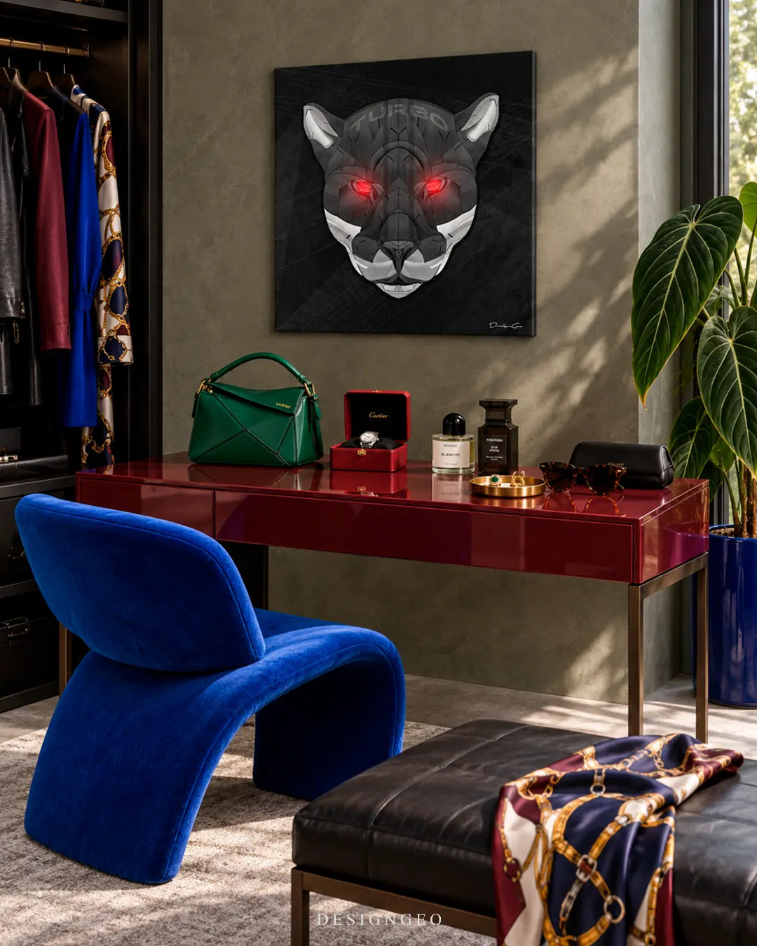 Modern luxury walk-in closet featuring a square canvas print of a robotic black panther head with glowing red eyes mounted on a dark textured wall above a burgundy vanity console