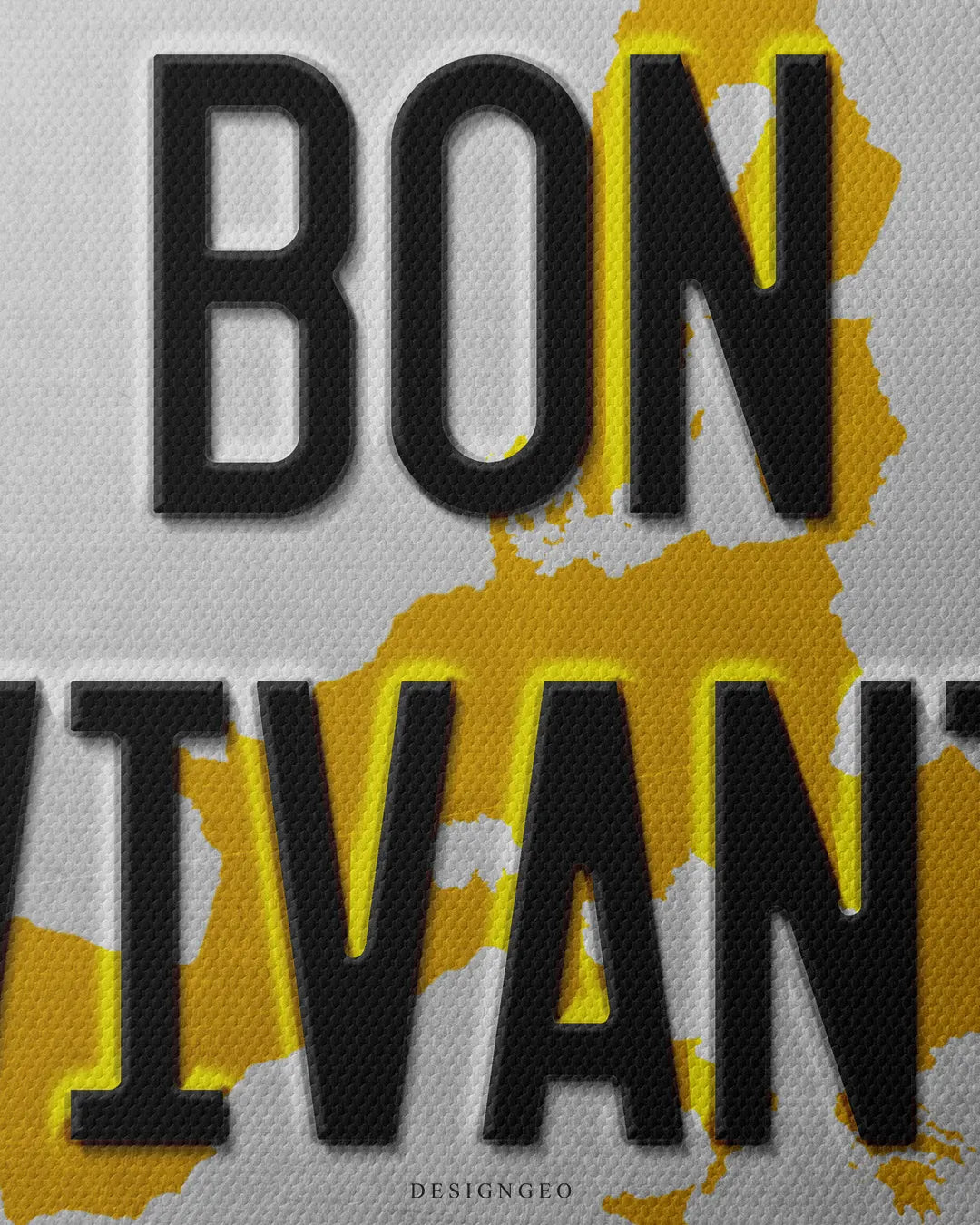 Close-up view of a square canvas print showing embossed black typography spelling BON VIVANT over a yellow European map silhouette on a grey metal license plate texture