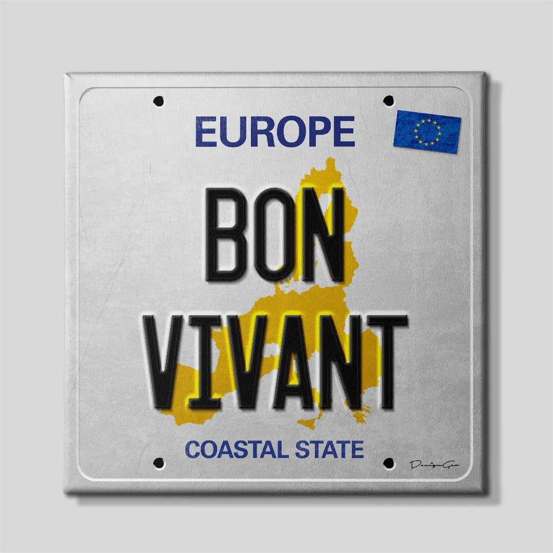 Front view of a square canvas print designed as a grey European license plate reading EUROPE BON VIVANT COASTAL STATE with an EU flag sticker on a grey background