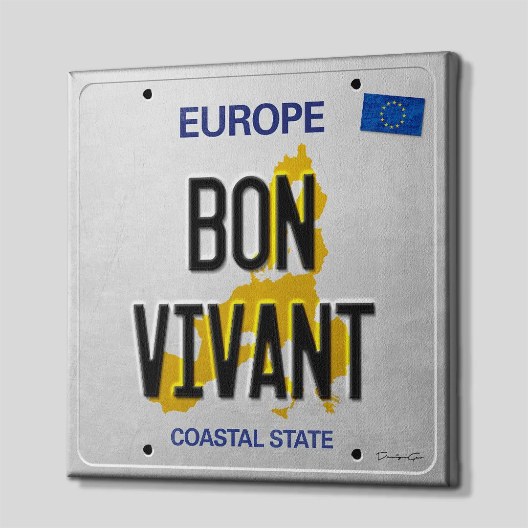 Side perspective view of a square canvas print styled as an EU license plate with EUROPE BON VIVANT typography showing wrapped canvas edges against a studio background