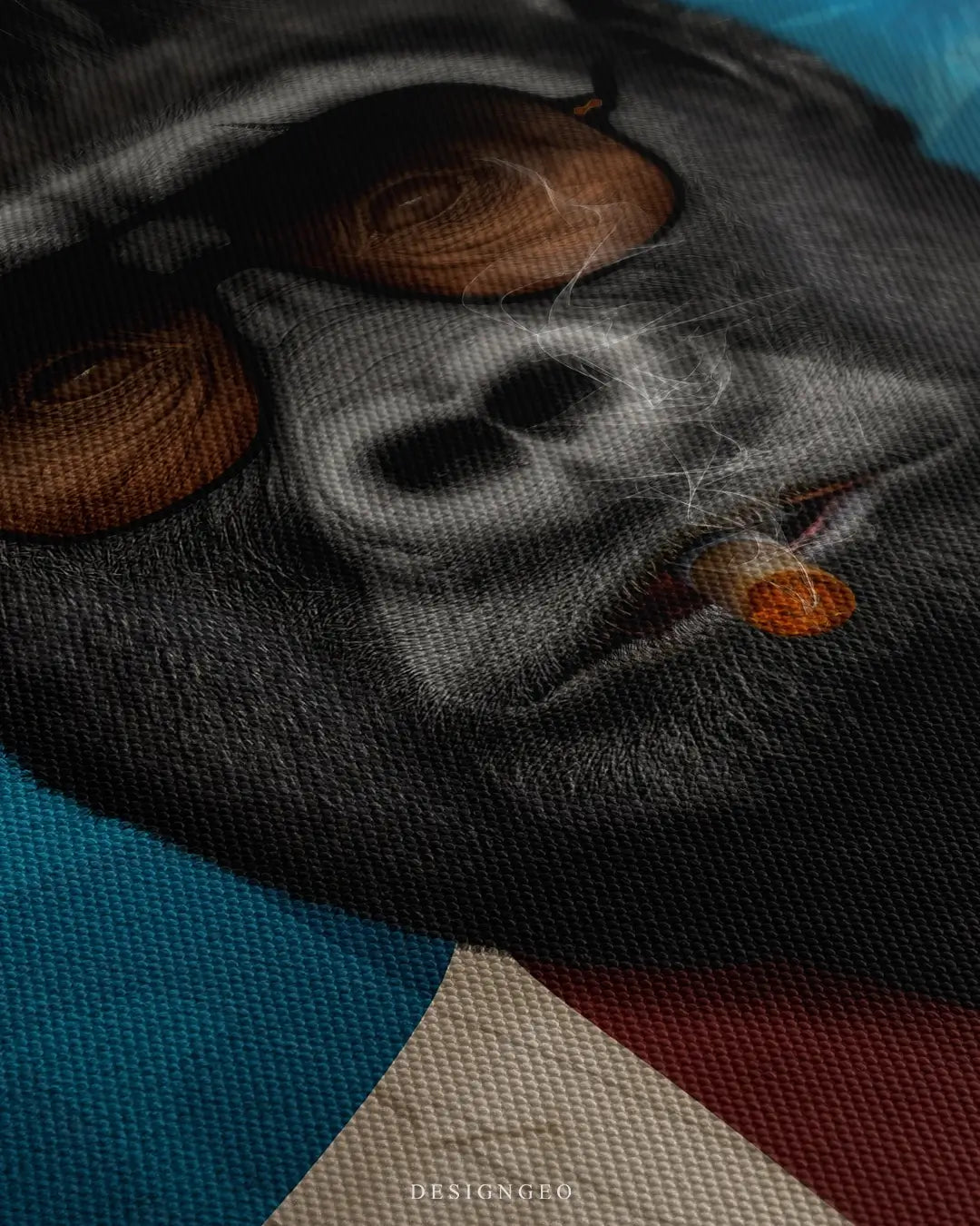 Close-up of modern motivational art featuring a powerful gorilla dressed as a classic mafia boss, wearing a formal pinstripe suit and smoking a cigar