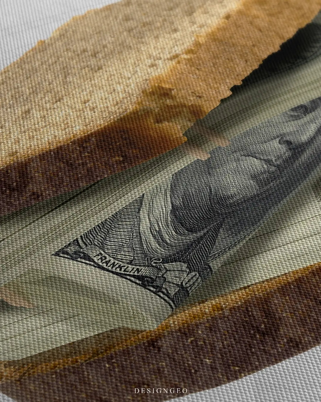 Close-up of motivational money art showing a sandwich filled with realistic bundles of hundred-dollar bills, highlighting paper textures and vibrant green currency tones