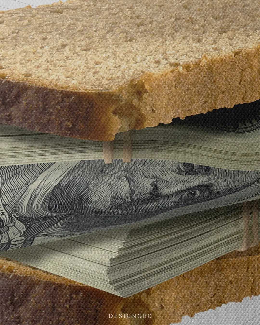 Creative illustration of a money sandwich made of stacks of US dollars on a clean white background, symbolizing the daily grind and financial hunger of entrepreneurs
