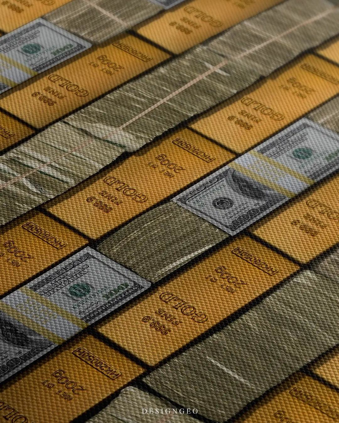 Close-up of stacked 100 dollar bill bundles and fine gold bars on canvas, showing detailed currency and textures from a dramatic low angle