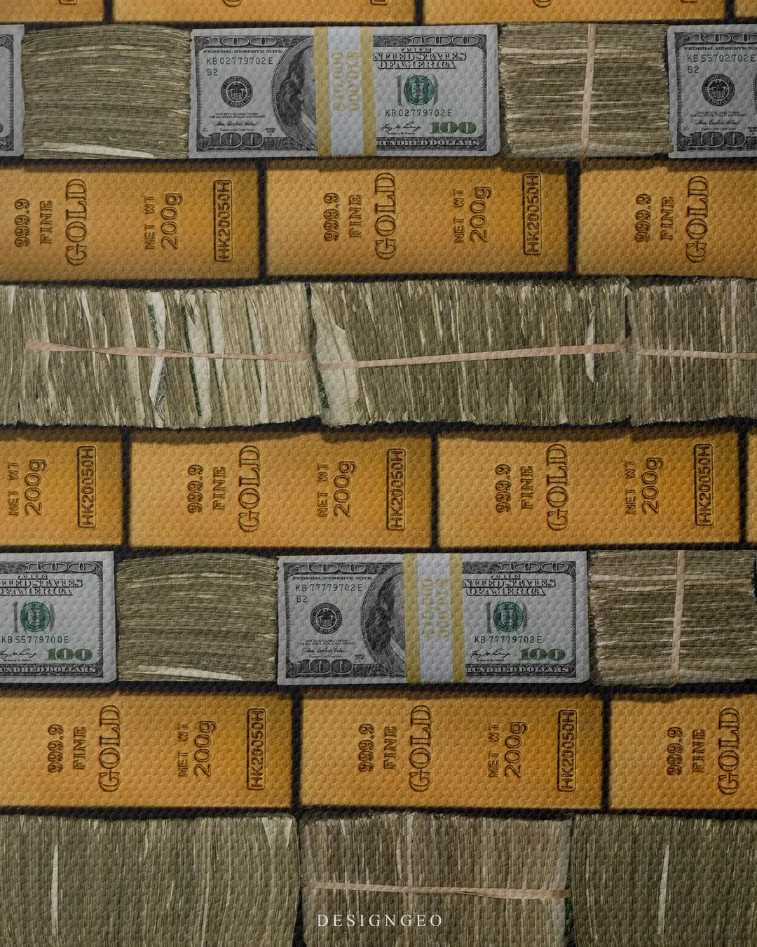 An artistic illustration on canvas of a massive wall built from tightly stacked stacks of cash and gold bars, symbolizing financial security and ambition