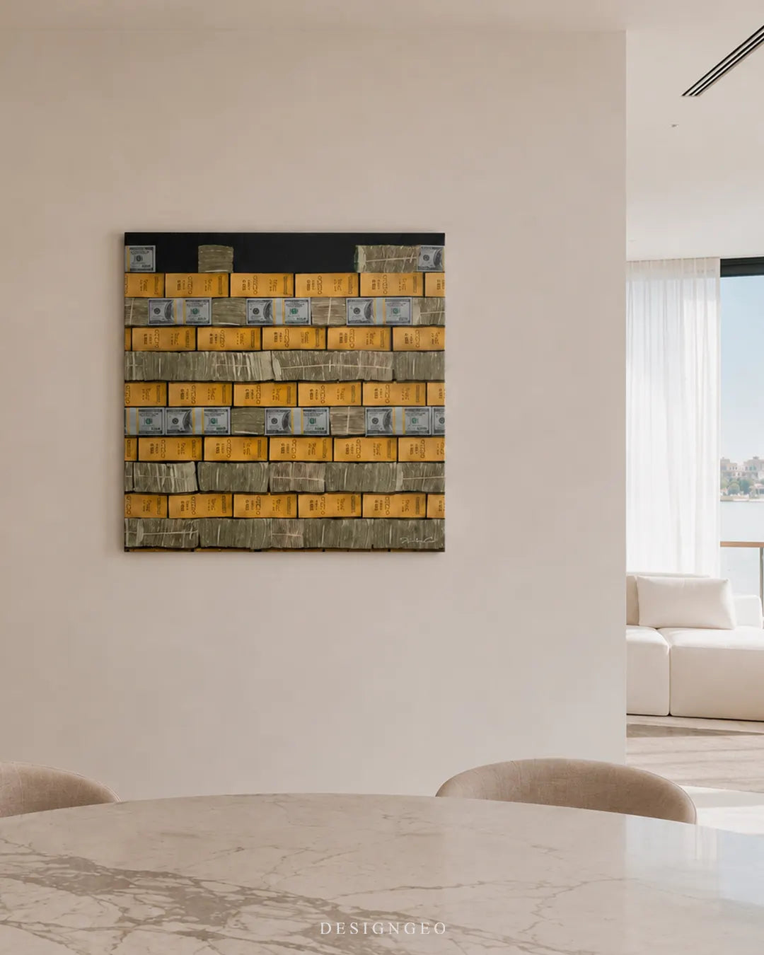 Square money and gold brick wall canvas art mounted on a beige wall in a bright modern living room near a white marble table and cream sofa