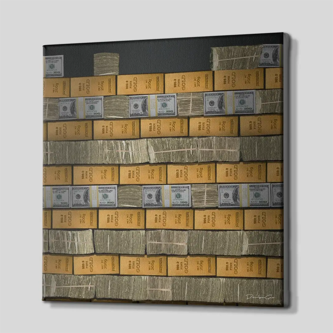 Side angle of the cash and gold stacked canvas print, highlighting the professional gallery wrap finish and the durable 3D depth of the wooden frame